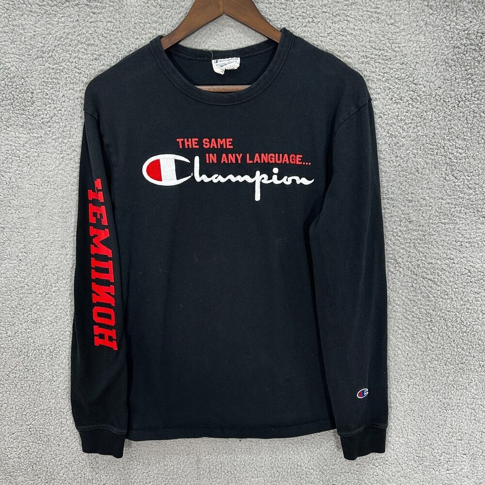 Champion Reverse Weave Shirt Mens Medium Black Long Sleeve Script Logo Gorpcore